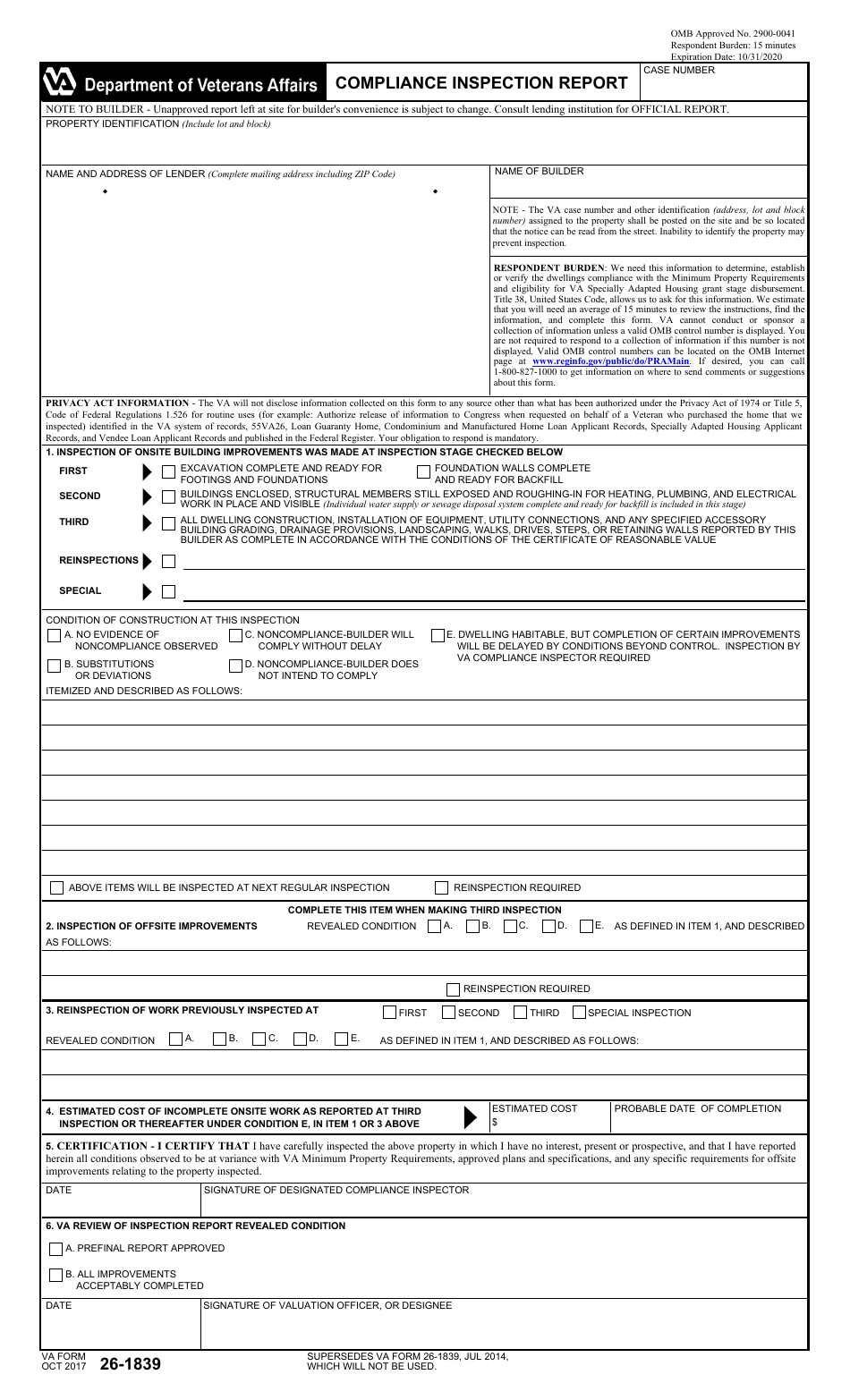 VA Form 26-1839 Compliance Inspection Report, Page 1
