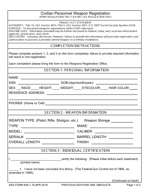 DES Form 694-1 Civilian Personnel Weapon Registration