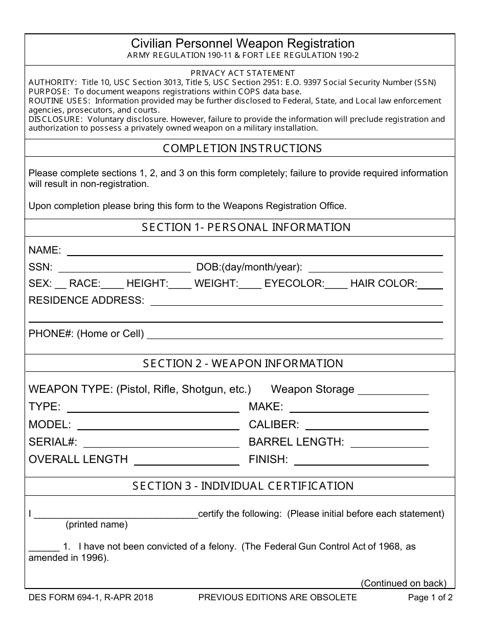 DES Form 694-1 Civilian Personnel Weapon Registration, Page 1
