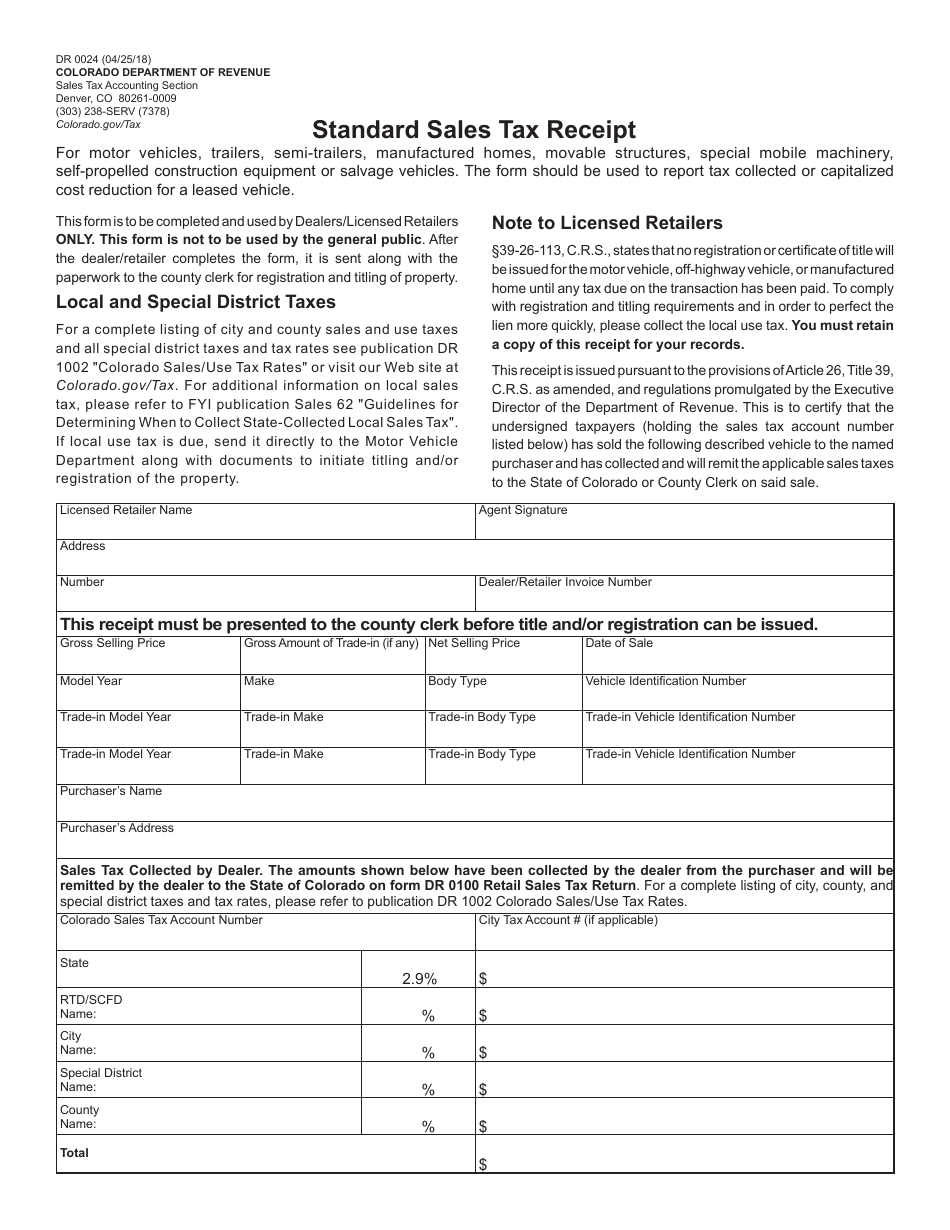Form DR0024 Standard Sales Tax Receipt - Colorado, Page 1