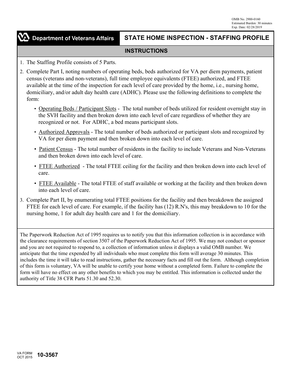 VA Form 10-3567 State Home Inspection - Staffing Profile, Page 1