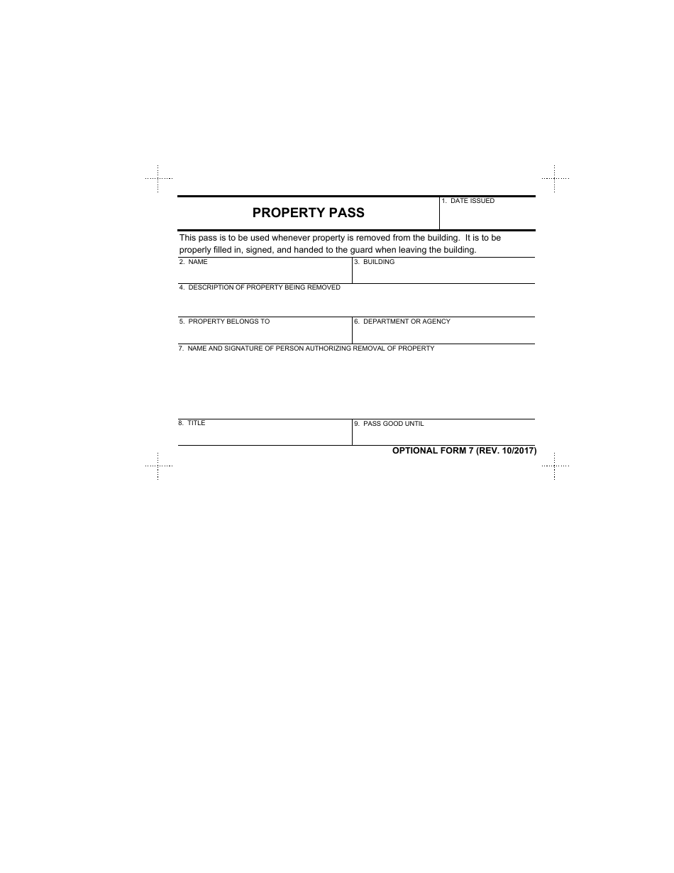 Optional Form 7 Property Pass, Page 1