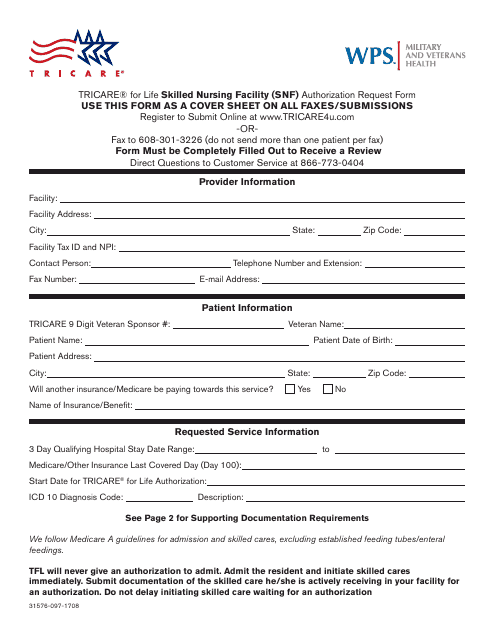 Form 31576-097-1708 Life Skilled Nursing Facility (Snf) Authorization Request Form