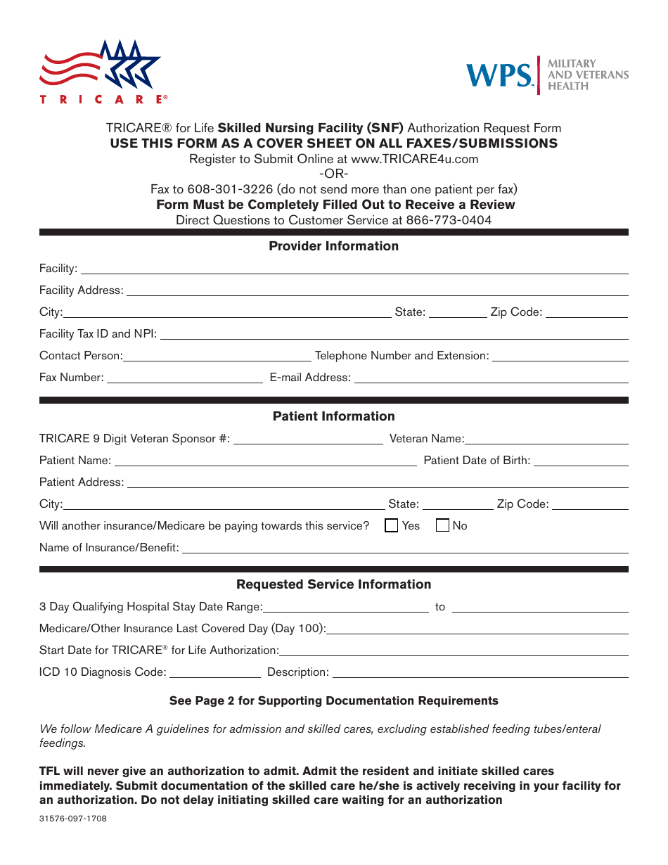 Form 31576-097-1708 Life Skilled Nursing Facility (Snf) Authorization Request Form, Page 1