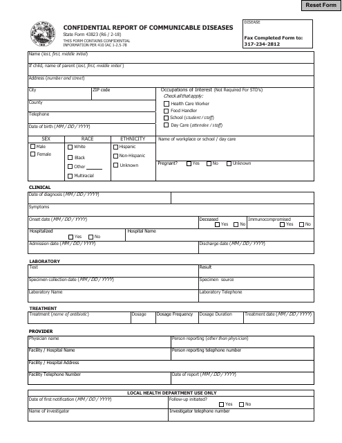 Form 43823 Confidential Report of Communicable Diseases 43823 - Indiana