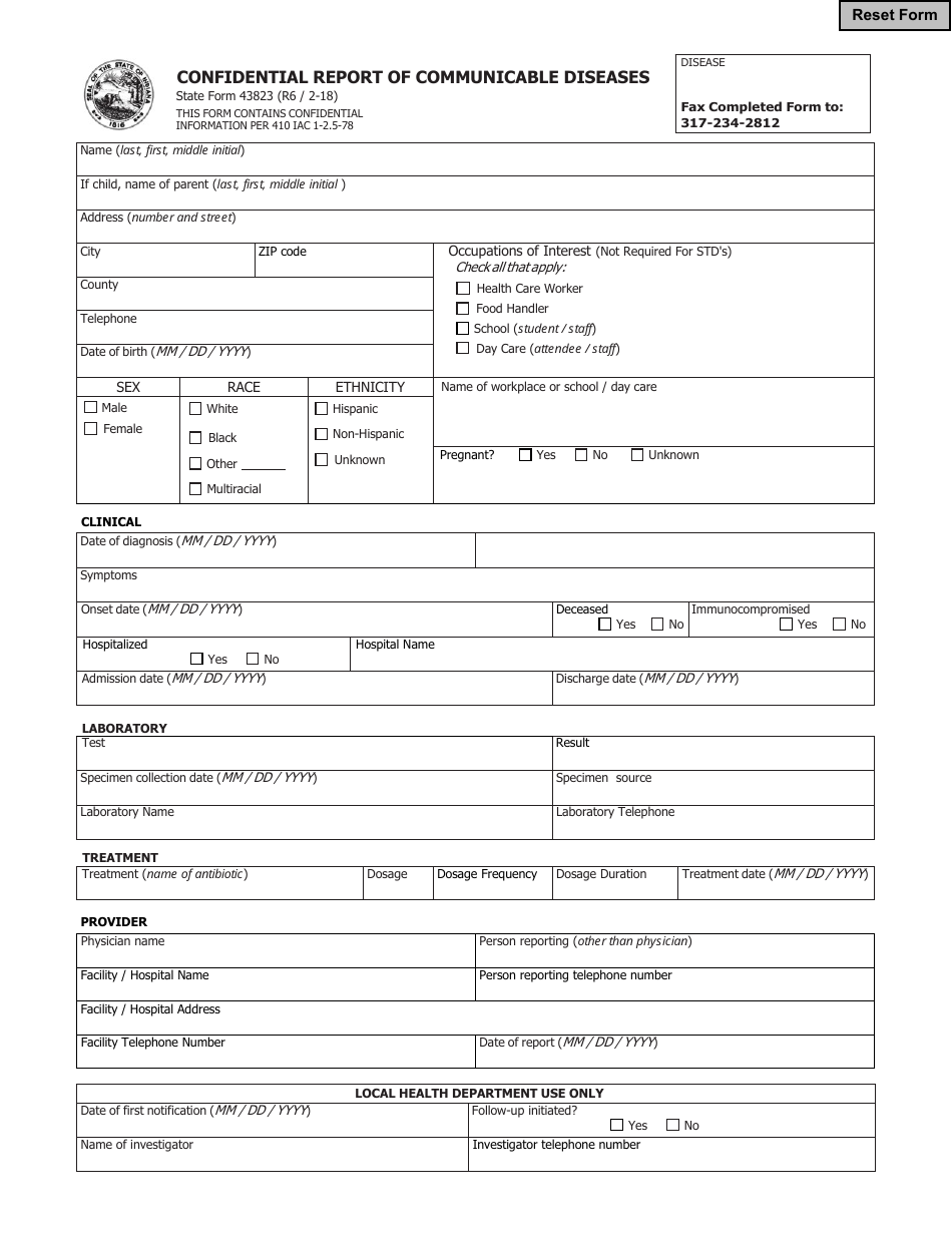 Form 43823 Confidential Report of Communicable Diseases 43823 - Indiana, Page 1