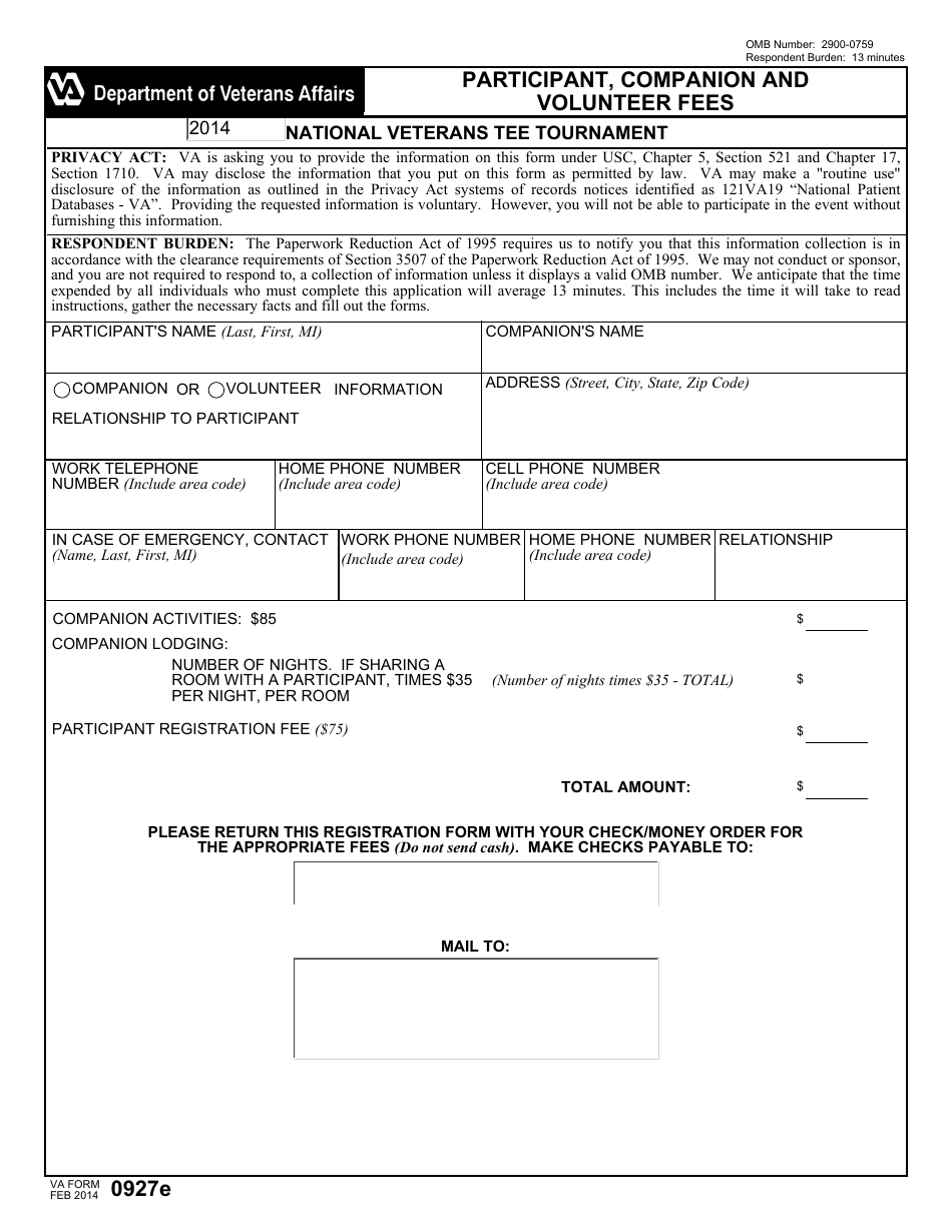 VA Form 0927E Participant, Companion and Volunteer Fees, Page 1