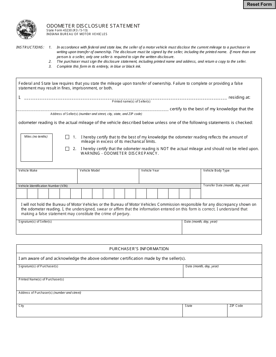 State Form 43230 Odometer Disclosure Statement - Indiana, Page 1