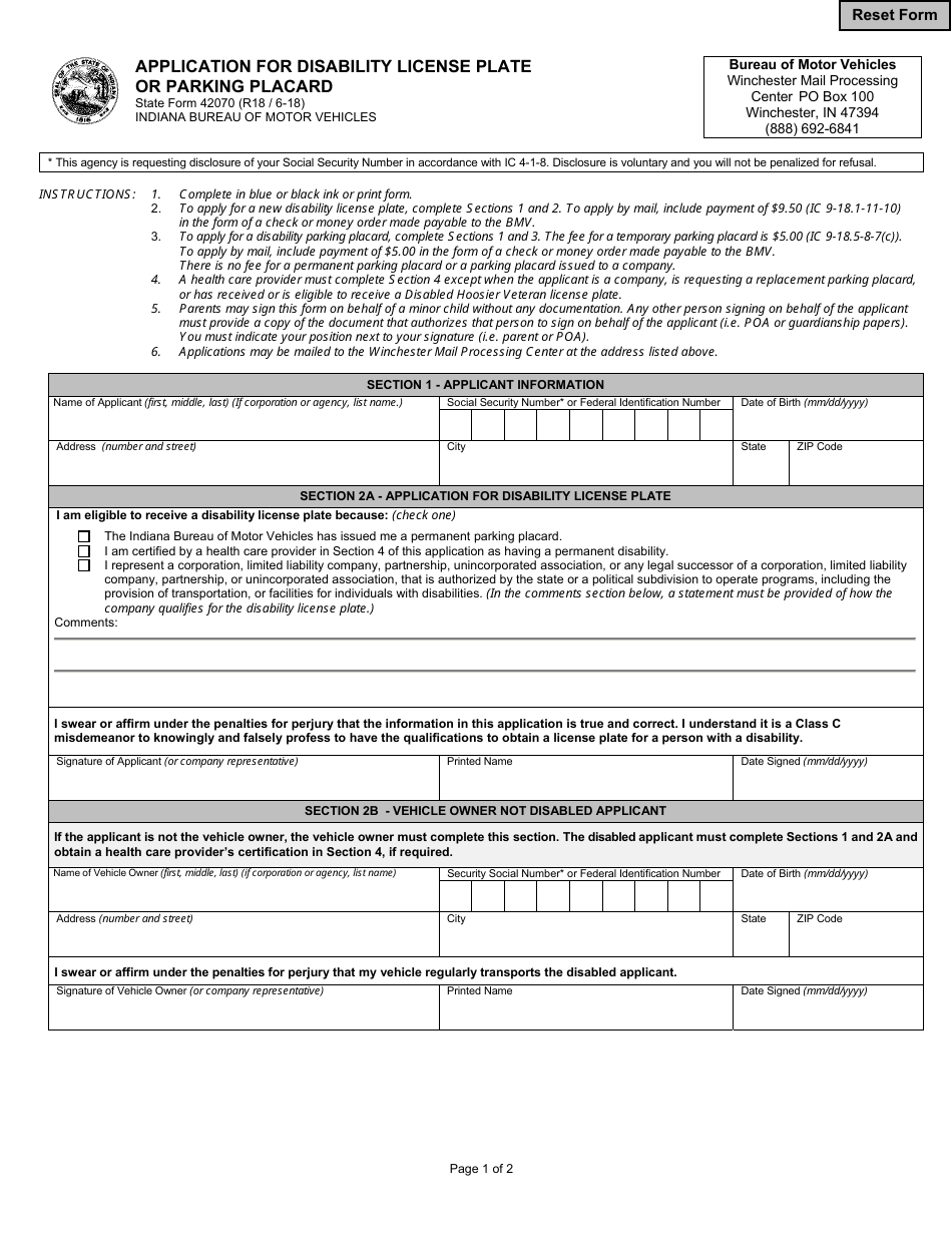 Form 42070 Application for Disability License Plate or Parking Placard - Indiana, Page 1