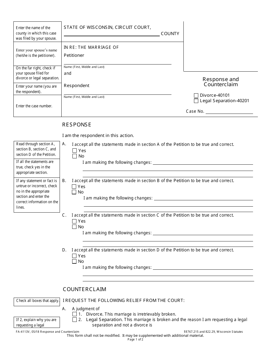 form fa 4113v download printable pdf or fill online response and counterclaim wisconsin templateroller