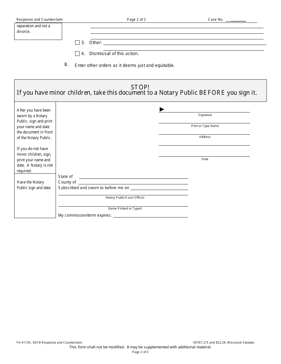 Form FA-4113V Response and Counterclaim - Wisconsin, Page 2