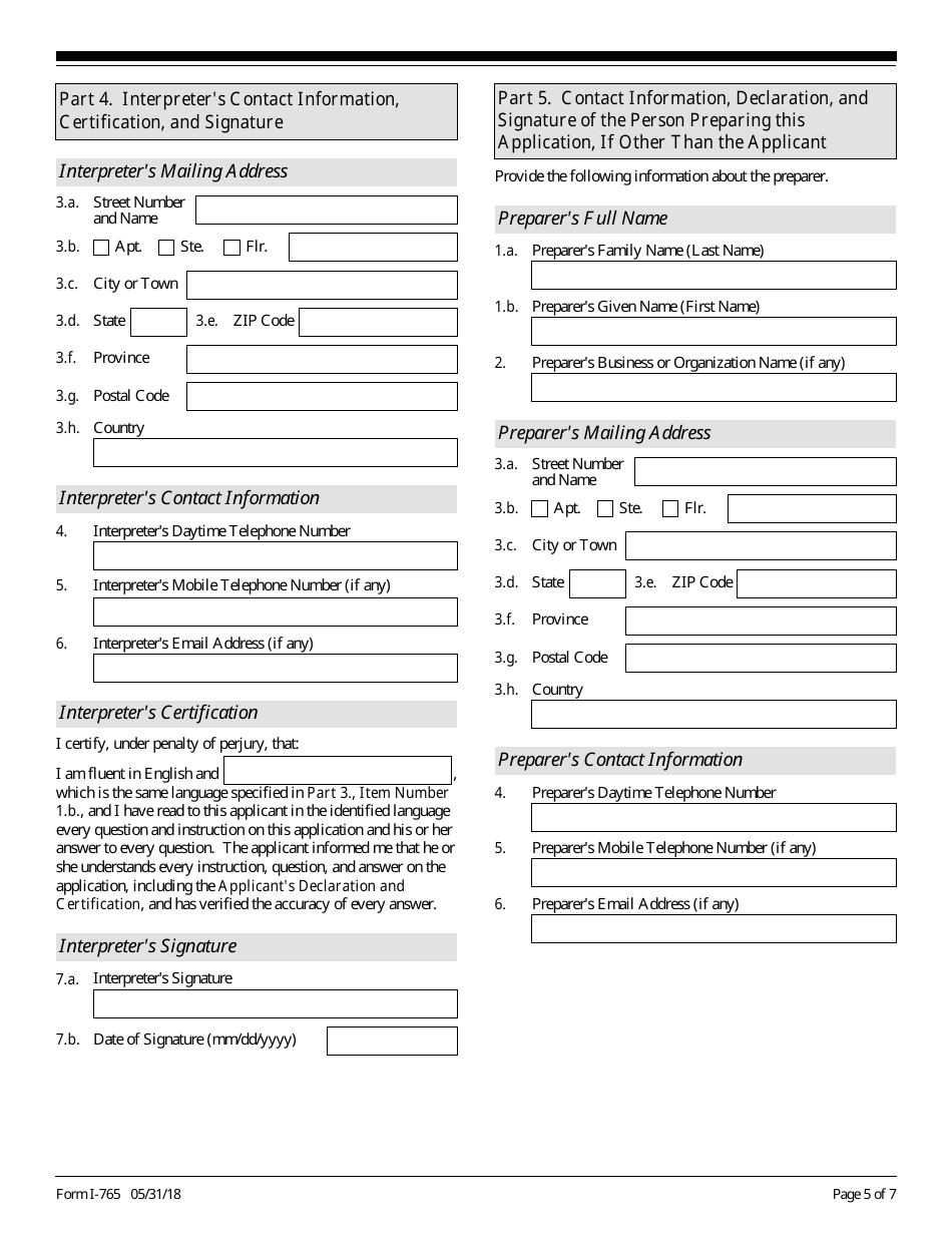 USCIS Form I-765 Application for Employment Authorization, Page 5