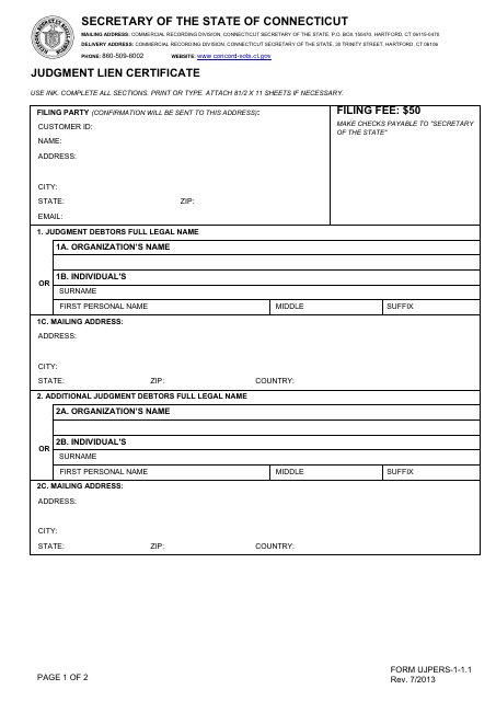 Form UJPERS-1-1.1 Judgment Lien Certificate - Connecticut