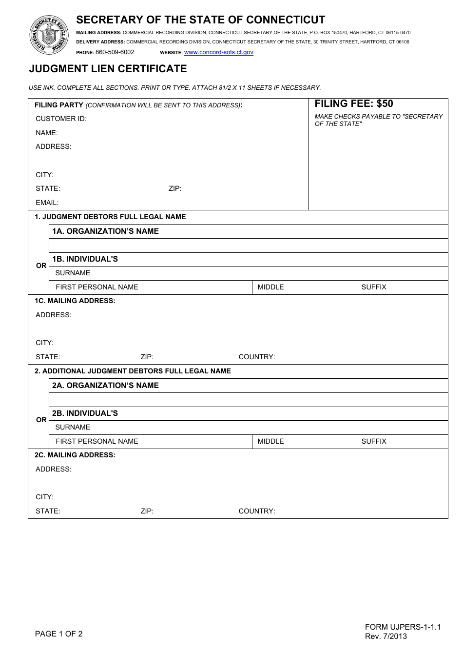Form UJPERS-1-1.1 Judgment Lien Certificate - Connecticut, Page 1