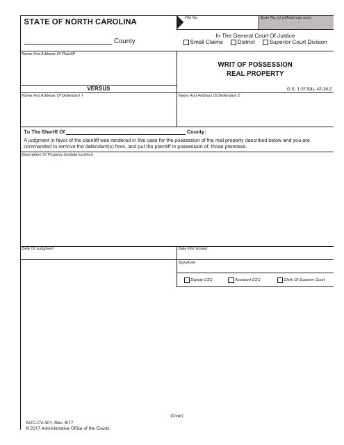 Form AOC-CV-401  Printable Pdf