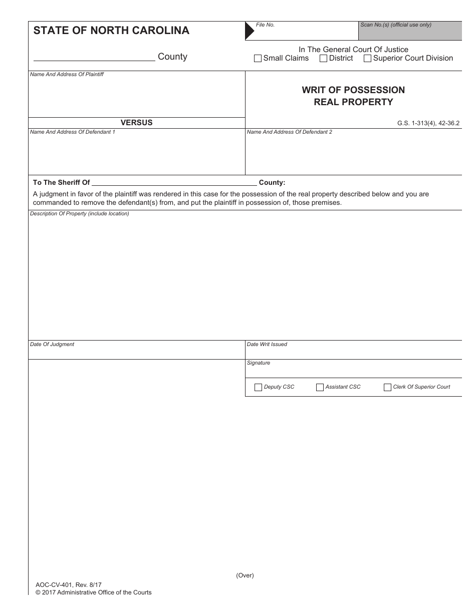 Form AOC-CV-401 Writ of Possession Real Property - North Carolina, Page 1