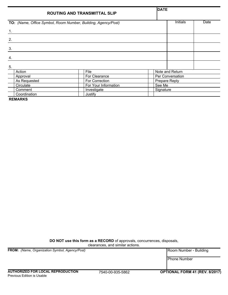 Optional Form 41 Routing and Transmittal Slip, Page 1