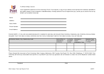 Document preview: Main Campus Transcript Request Form - Post University