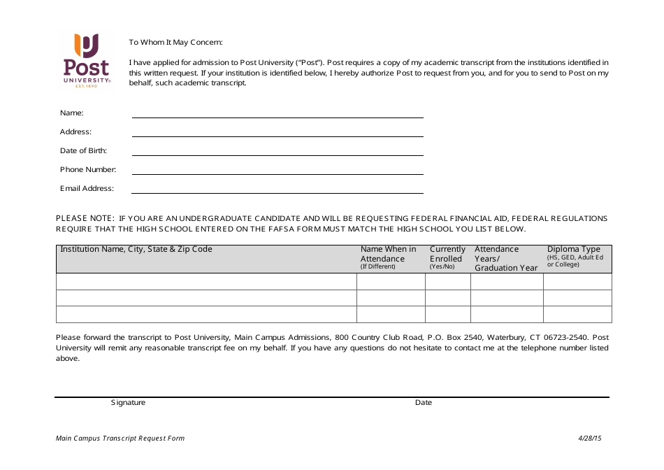 Main Campus Transcript Request Form - Post University, Page 1