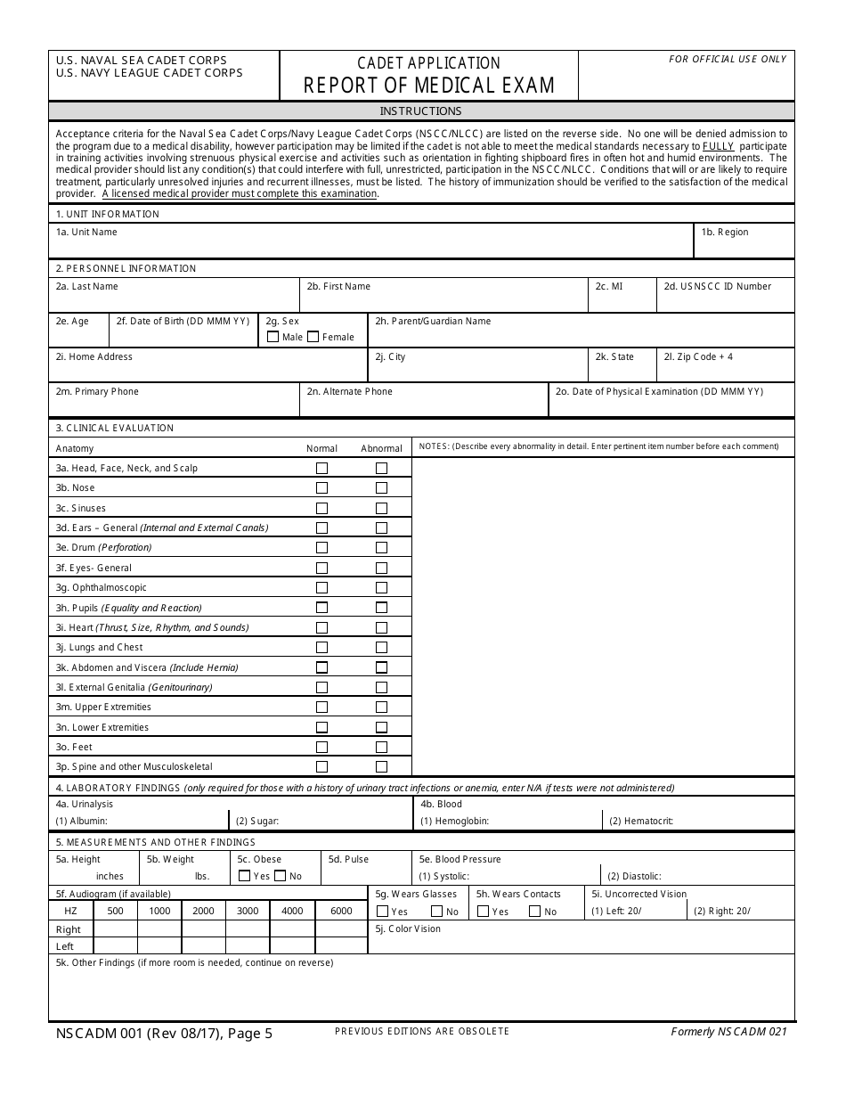 NSCADM Form 001 Cadet Application - Report of Medical Exam (Pages 5 Through 6), Page 1