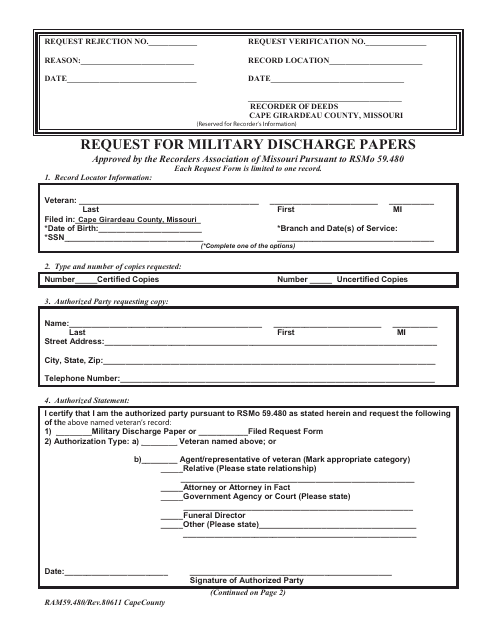Form RAM59.480 Request for Military Discharge Papers - Cape county, Missouri