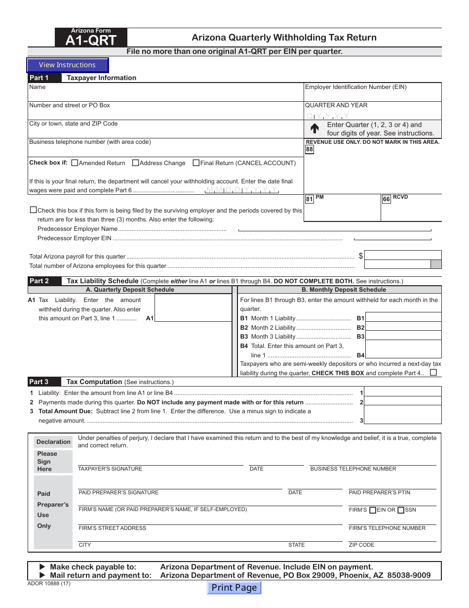 Arizona Form A1-QRT (ADOR10888) Arizona Quarterly Withholding Tax Return - Arizona, Page 1