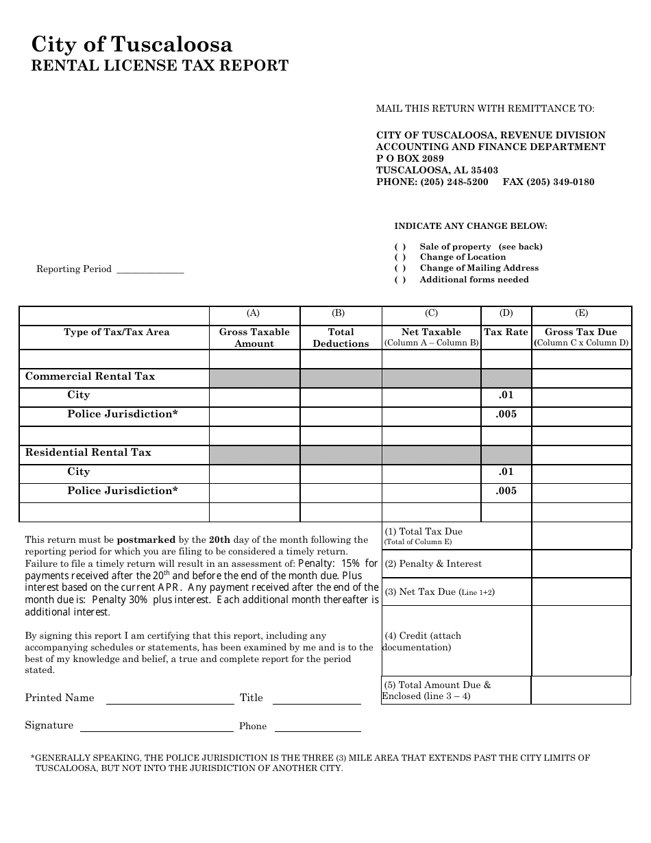 City of Tuscaloosa, Alabama Rental License Tax Report Fill Out, Sign