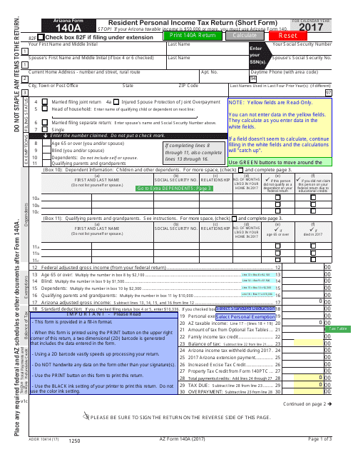 Arizona Form 140A (ADOR10414) Resident Personal Income Tax Return - Short Form - Arizona, 2017