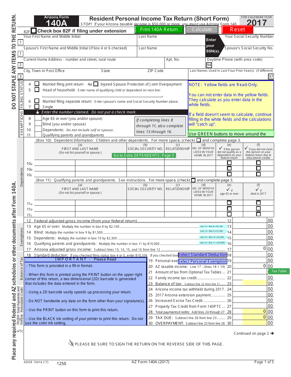 Arizona Form 140A (ADOR10414) Resident Personal Income Tax Return - Short Form - Arizona, Page 1