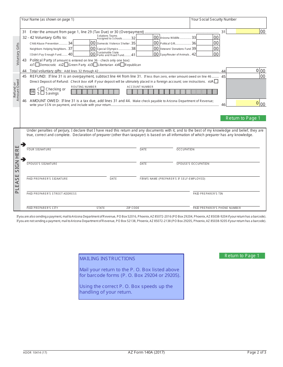 Arizona Form 140a Ador10414 2017 Fill Out Sign Online And Download Fillable Pdf Arizona 0754
