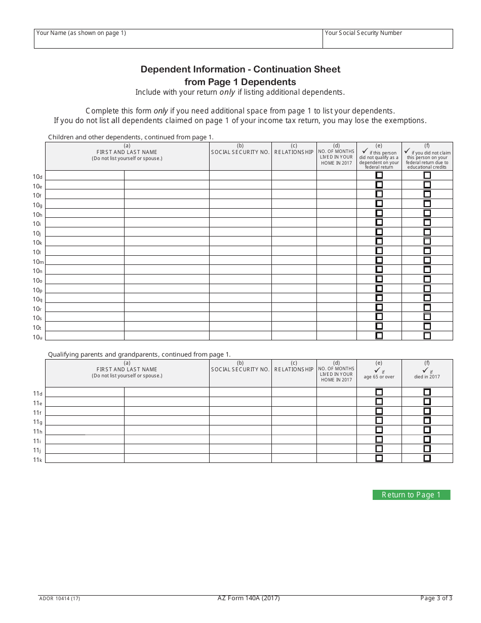 Arizona Form 140A (ADOR10414) Resident Personal Income Tax Return - Short Form - Arizona, Page 3