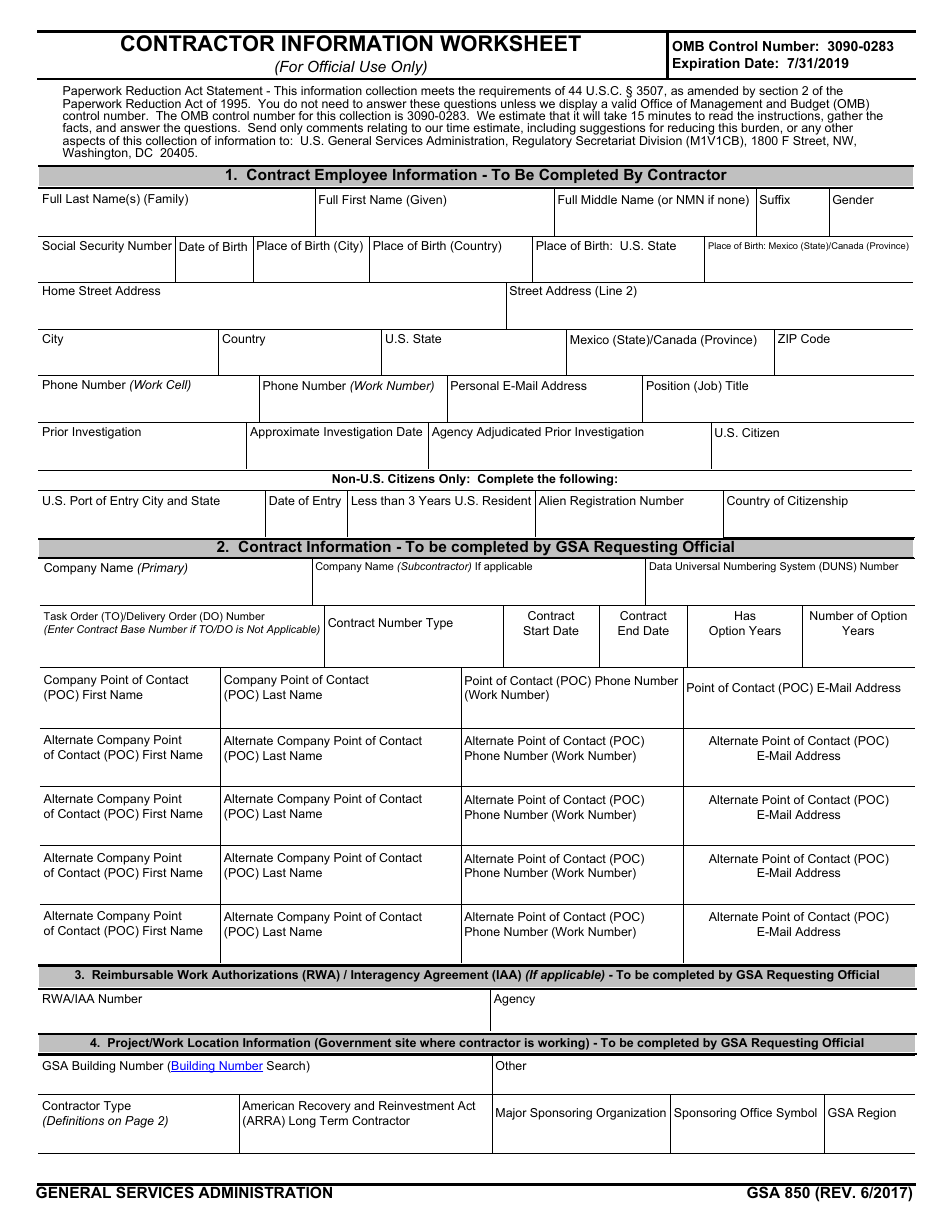 GSA Form 850 Contractor Information Worksheet, Page 1