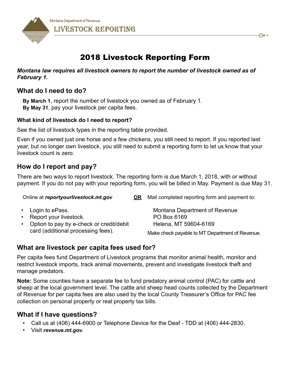 Livestock Reporting Form - Montana, Page 1