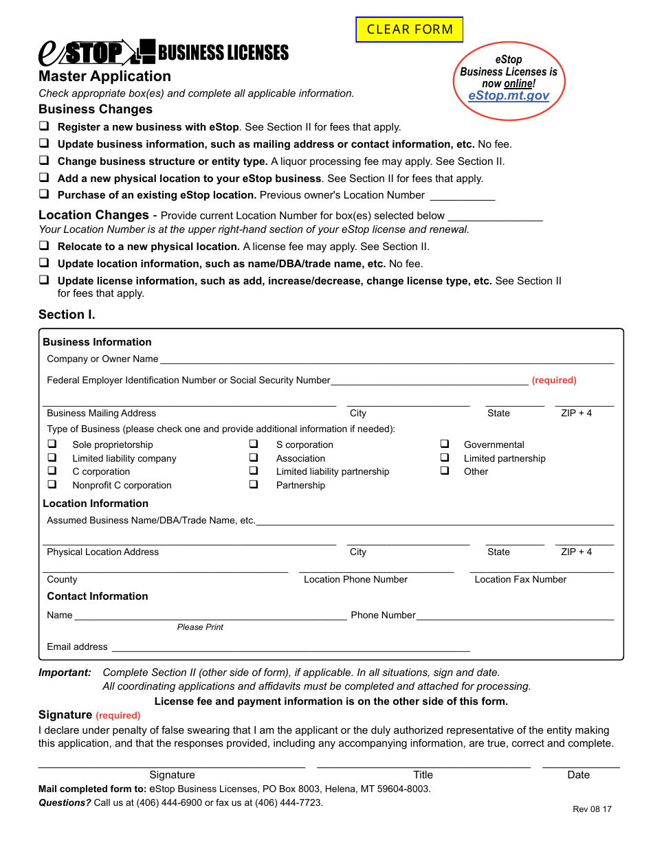 Master Application - Estop Business Licenses - Montana, Page 1