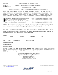 Form DCC-157 Certified Family Child-Care Home Central Registry Check - Kentucky