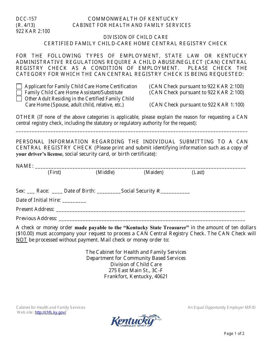 Form DCC-157 Certified Family Child-Care Home Central Registry Check - Kentucky, Page 1
