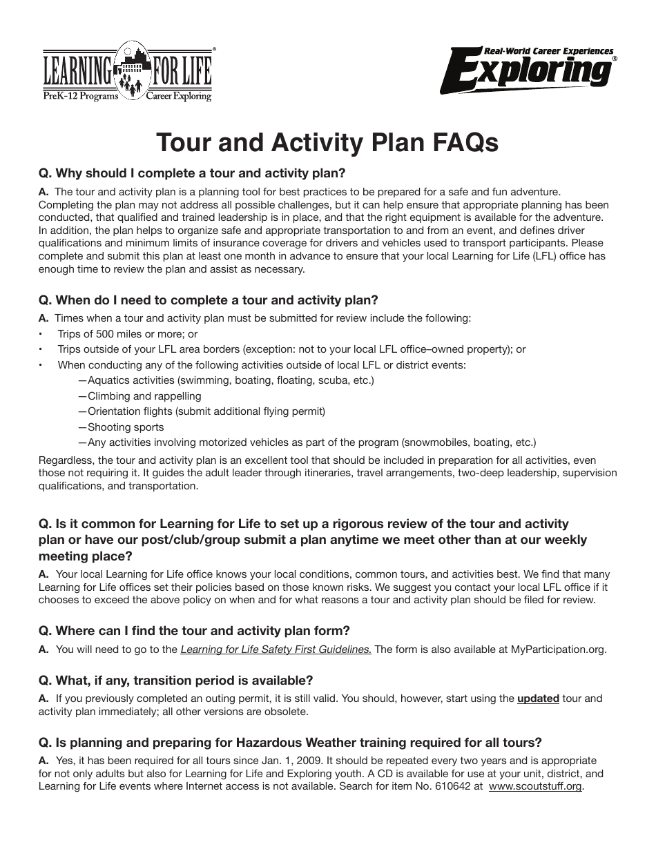 bsa tour and activity plan