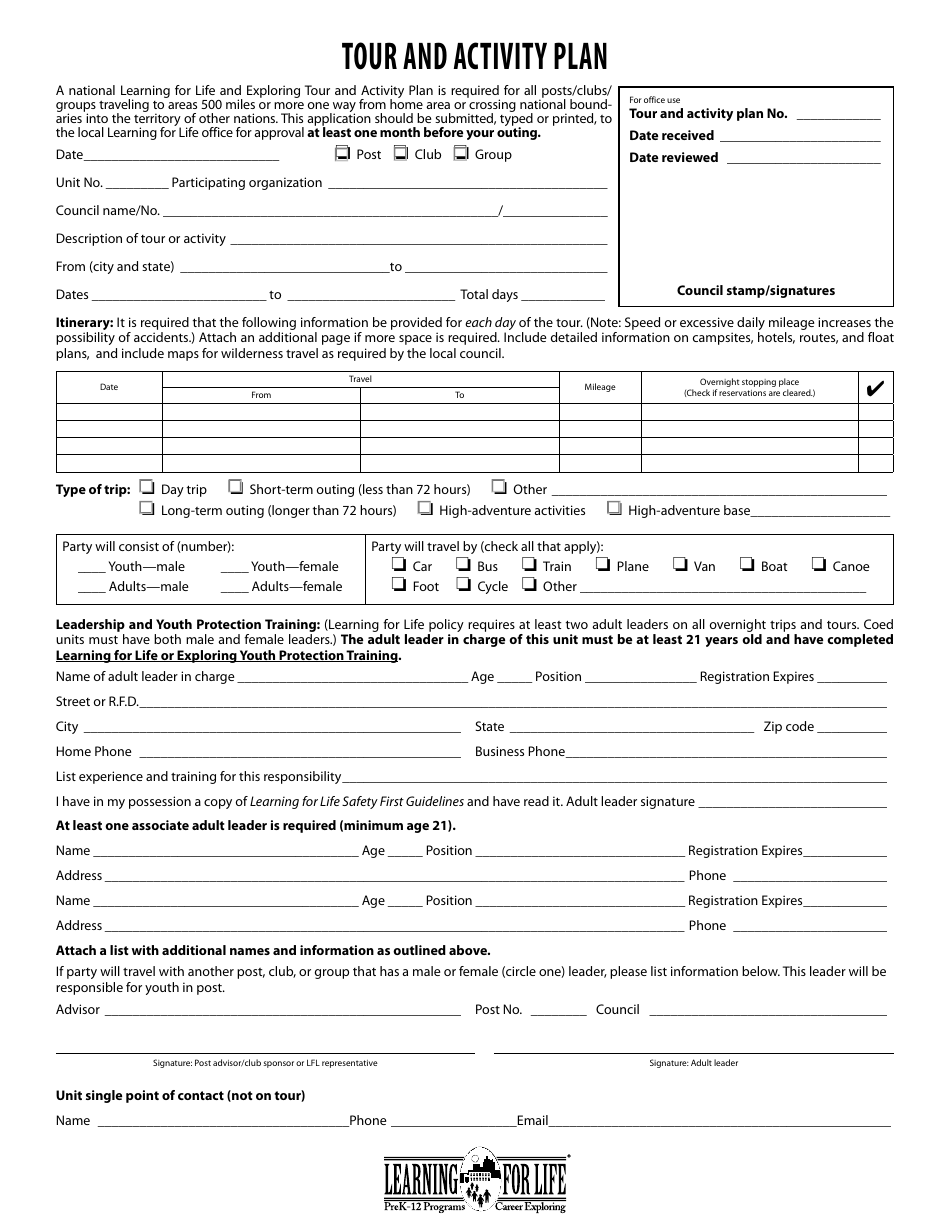 Tour and Activity Plan - Boy Scouts of America Download Fillable PDF ...