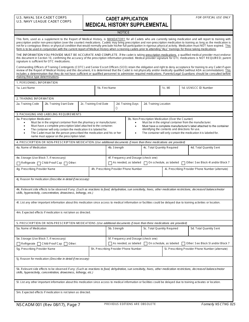 NSCADM Form 001 Cadet Application - Medical History Supplemental (Pages 7 Through 8), Page 1