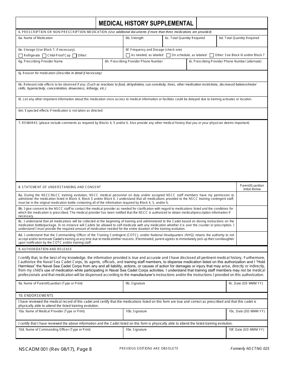 NSCADM Form 001 Cadet Application - Medical History Supplemental (Pages 7 Through 8), Page 2