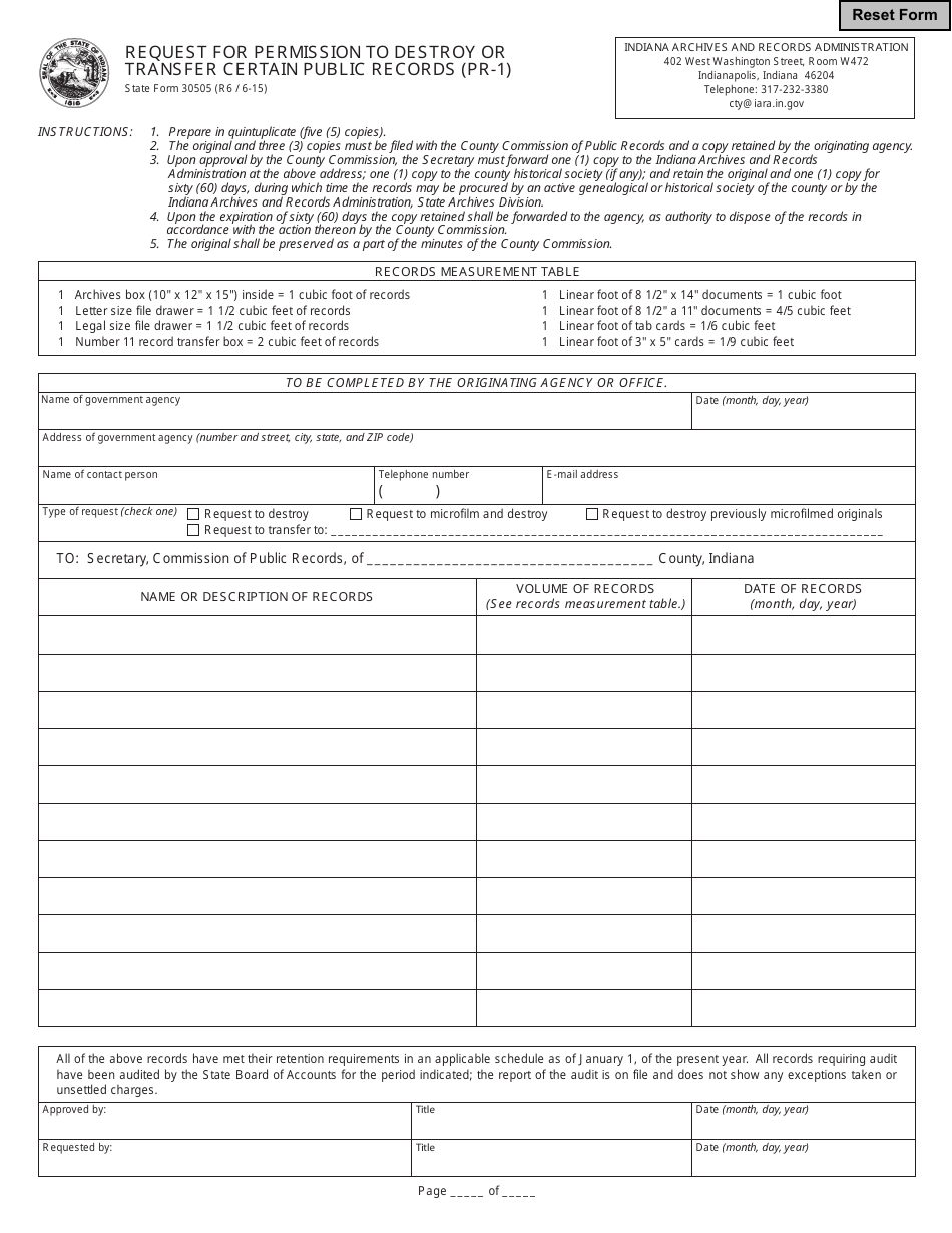 State Form 30505 Request for Permission to Destroy or Transfer Certain Public Records (Pr-1) - Indiana, Page 1