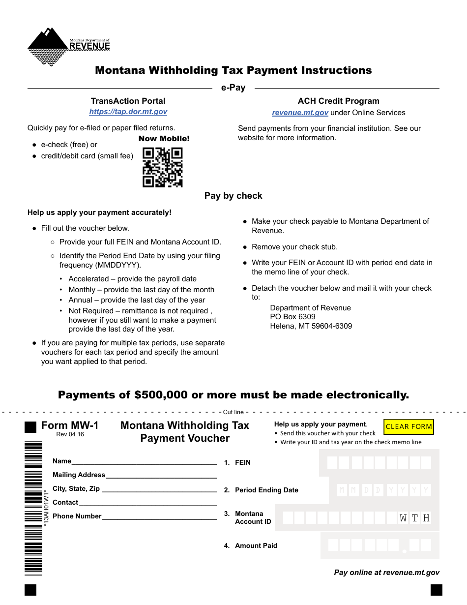 Form MW-1 Montana Withholding Tax Payment Voucher - Montana, Page 1