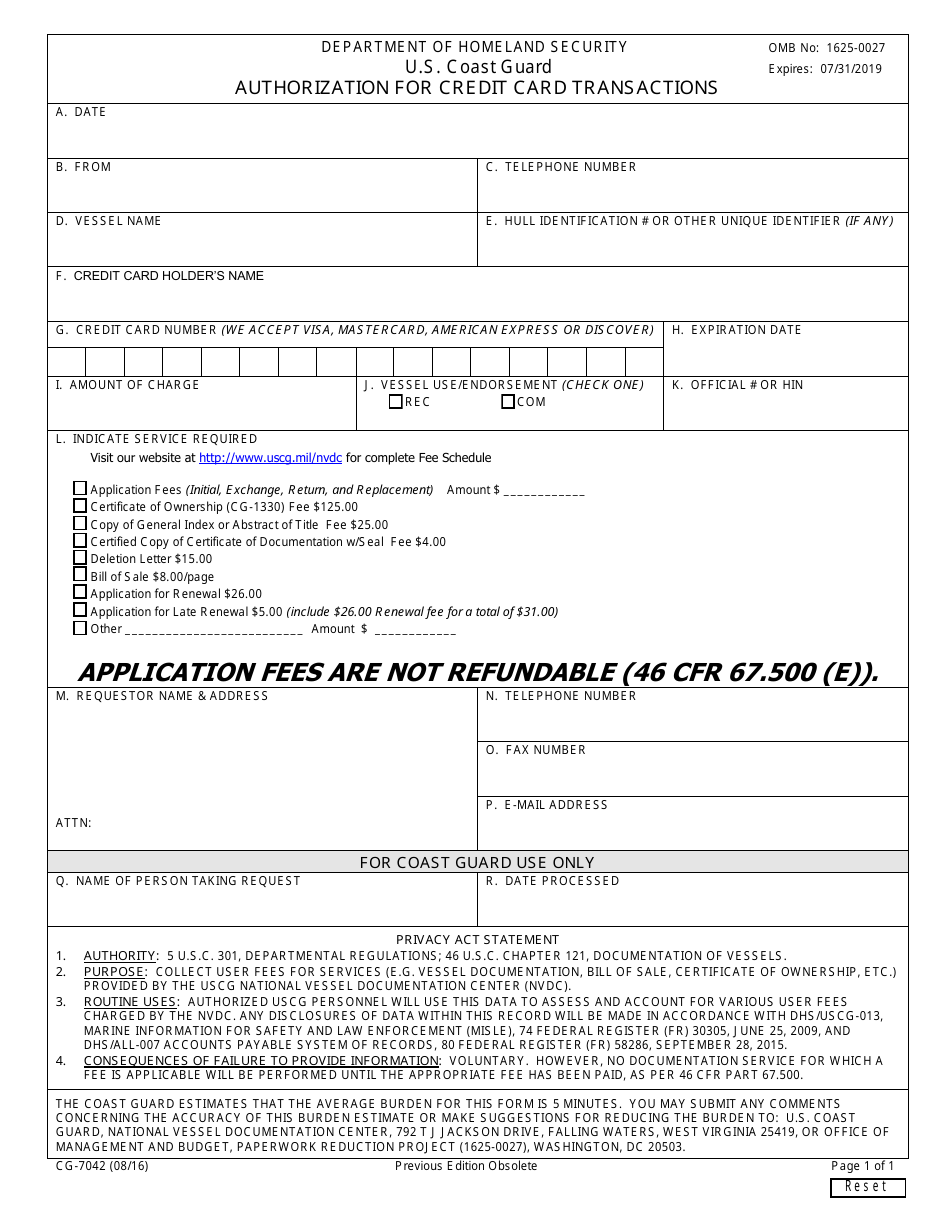 Form CG-7042 Authorization for Credit Card Transactions, Page 1