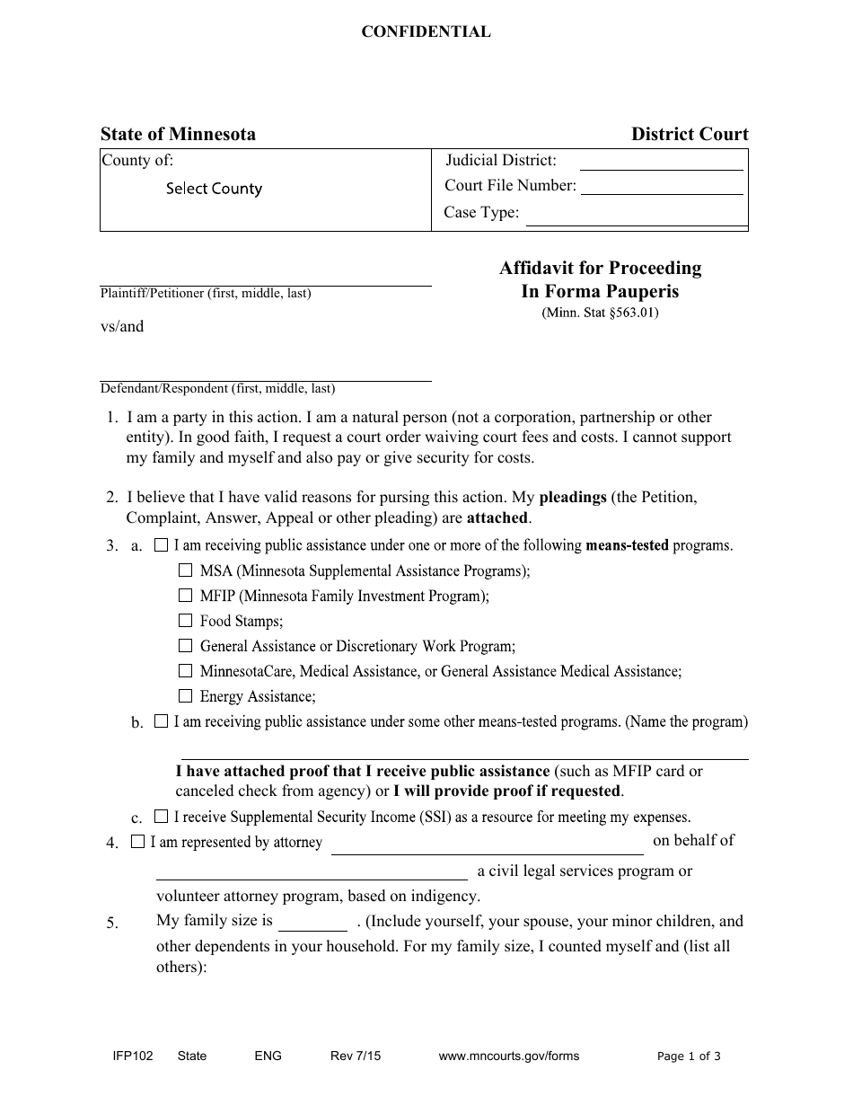 Form IFP102 Affidavit for Proceeding in Forma Pauperis - Minnesota, Page 1