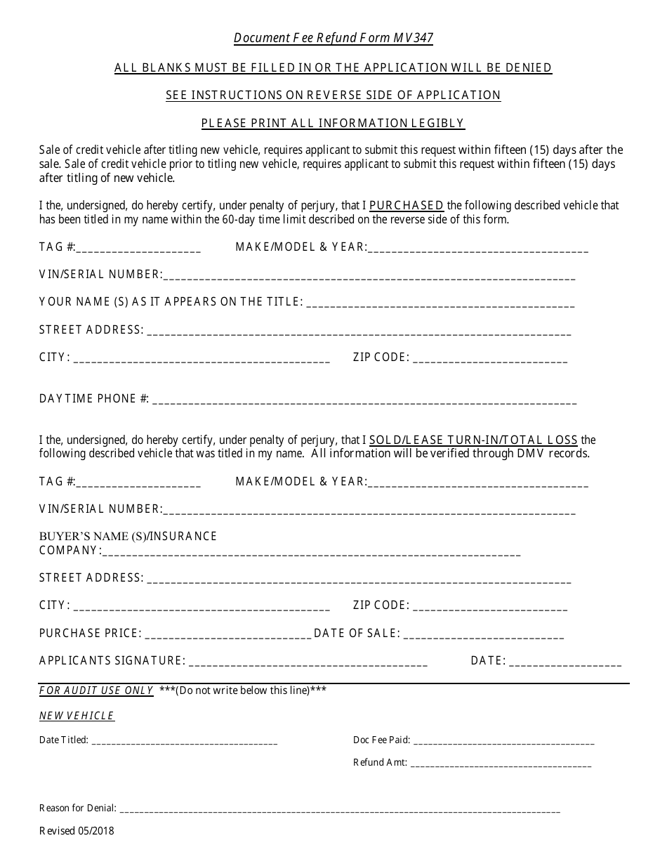Form MV347 Document Fee Credit / Refund Application - Delaware, Page 2