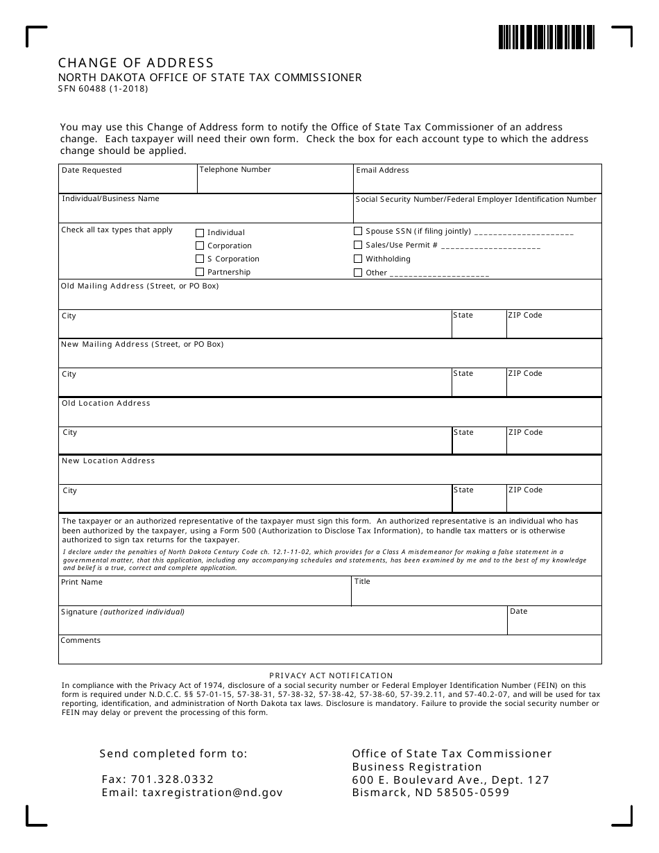 Form SFN60488 Change of Address - North Dakota, Page 1