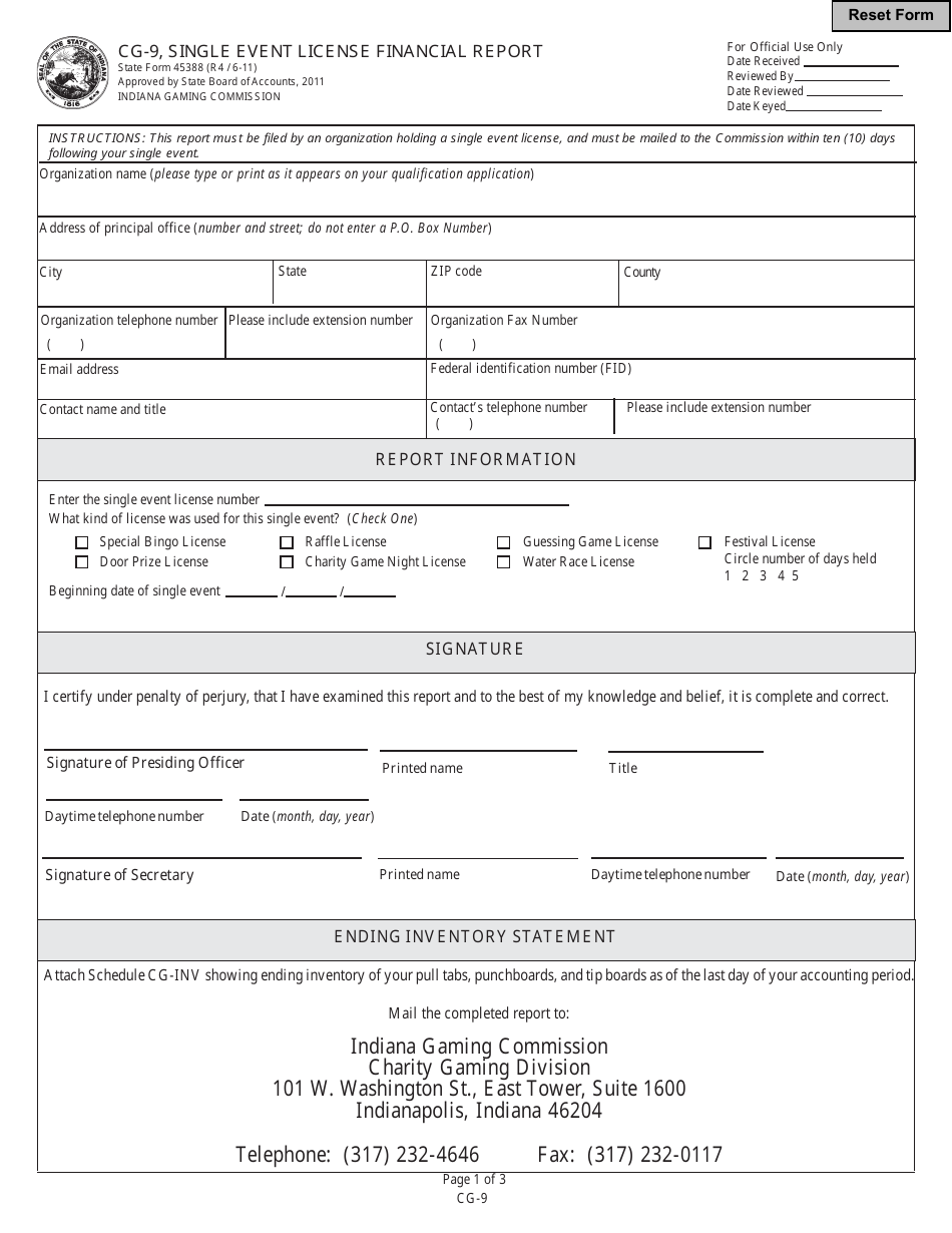 State Form 45388 (CG-9) Single Event License Financial Report - Indiana, Page 1