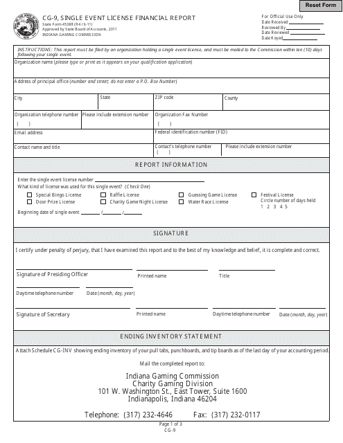 State Form 45388 (CG-9) Single Event License Financial Report - Indiana