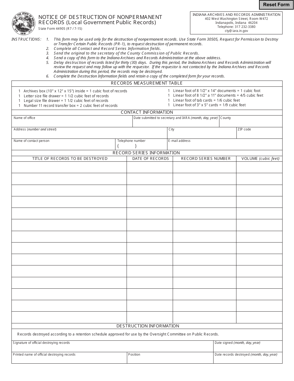 State Form 44905 Notice of Destruction of Nonpermanent Records (Local Government Public Records) - Indiana, Page 1