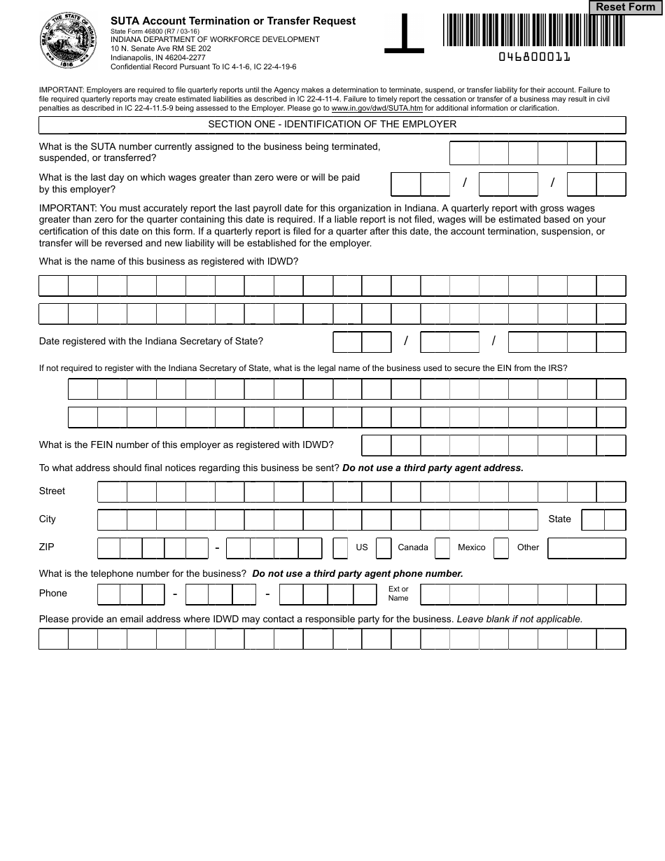 State Form 46800 Suta Account Termination or Transfer Request - Indiana, Page 1